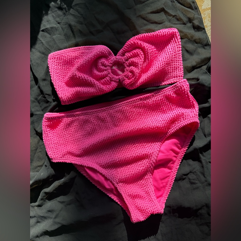 Pink Textured Bandeau‎ and High Rise Cheeky Bikini Set